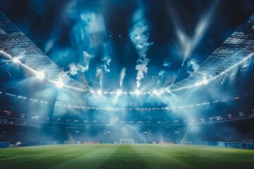 Stadium filled with bright lights and smoke Creating an electrifying atmosphere for a sporting event or concert