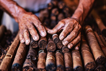 Hand grabbing a cigar from a pile on the table
