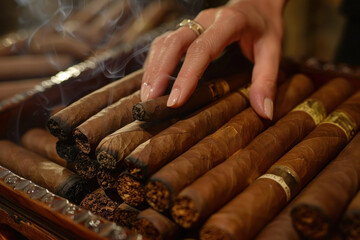 Hand grabbing a cigar from a pile on the table