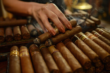 Hand grabbing a cigar from a pile on the table