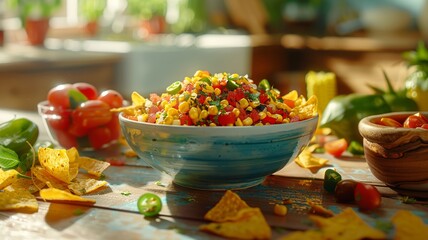 Delicious nachos with vibrant salsa topping in a traditional bowl