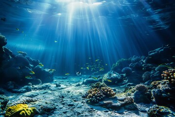 Fototapeta na wymiar Tranquil underwater scene with rays of sunlight piercing through the blue ocean Showcasing the serene beauty of marine life