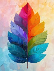 A painting depicting a single leaf in vibrant rainbow colors against a neutral background.
