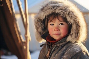 Chukchi boy, child of 7-10 years old near a yurt. native of the northern regions.