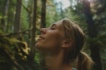 Woman enjoying the serenity of a forest Taking a deep breath of fresh air Connecting with nature and finding peace in the great outdoors