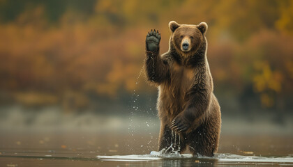 A bear is standing in the water waving with a backdrop of autumn-colored trees