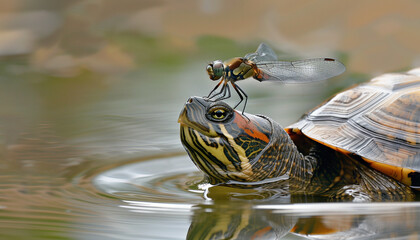 A turtle is floating in water with a dragonfly resting on its head