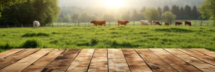 Empty wooden boardwalk over blurred pasture with cows and green grass background. banner, panorama, mock up for product display. - obrazy, fototapety, plakaty