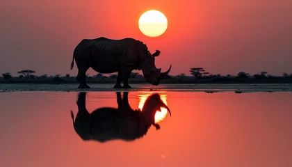 Foto auf Acrylglas A rhino stands by the water with its reflection visible at sunset © Seasonal Wilderness