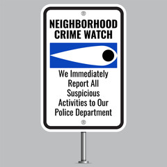 Neighborhood crime watch signs. We Report Suspicious Activity for Crime Prevention Vector Sticker Design. Eps10 vector illustration.
