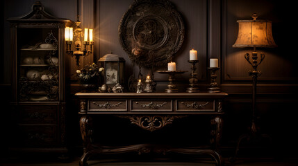 Fototapeta na wymiar An Artfully Curated Accent Light Display Enhancing the Antique Wooden Piece in a Dimly Lit Room