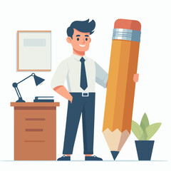 Flat design illustration of a man copywriter or writer holding a big pen