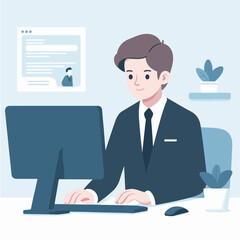 Flat design illustration of man working with computer