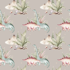 Watercolor dinosaur seamless pattern. Hand painted cute dinosaurs, tropical palm tree, jungle leaves, mountains. Dino illustration for design, wallpaper, scrapbooking - 747730010