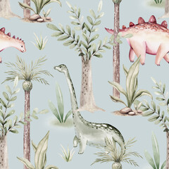 Watercolor dinosaur seamless pattern. Hand painted cute dinosaurs, tropical palm tree, jungle leaves, mountains. Dino illustration for design, wallpaper, scrapbooking - 747730027