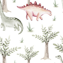 Watercolor dinosaur seamless pattern. Hand painted cute dinosaurs, tropical palm tree, jungle leaves, mountains. Dino illustration for design, wallpaper, scrapbooking - 747730047