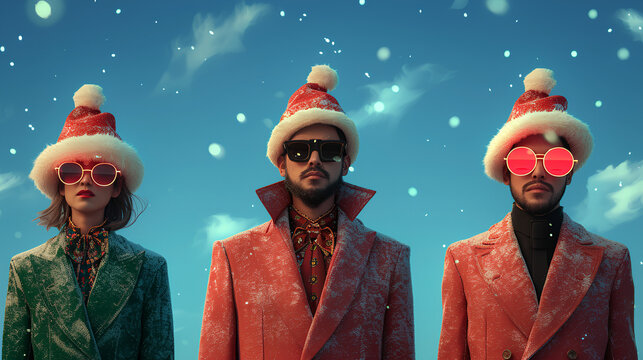 Eccentric and quirky people dressed in retro Christmas attire - low angle shot - holiday fun - Santa -Christmas hats 