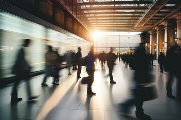 Walking people blur. Lots of people walking in the City. Wide panoramic view of people crossing the road.