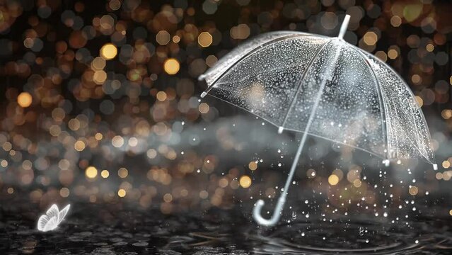 transparent umbrella under rain against water drops.  seamless looping overlay 4k virtual video animation background