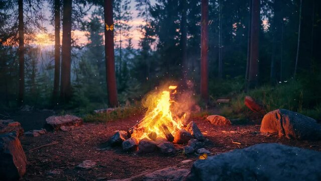 burning campfire on a dark night in a forest. seamless looping overlay 4k virtual video animation background