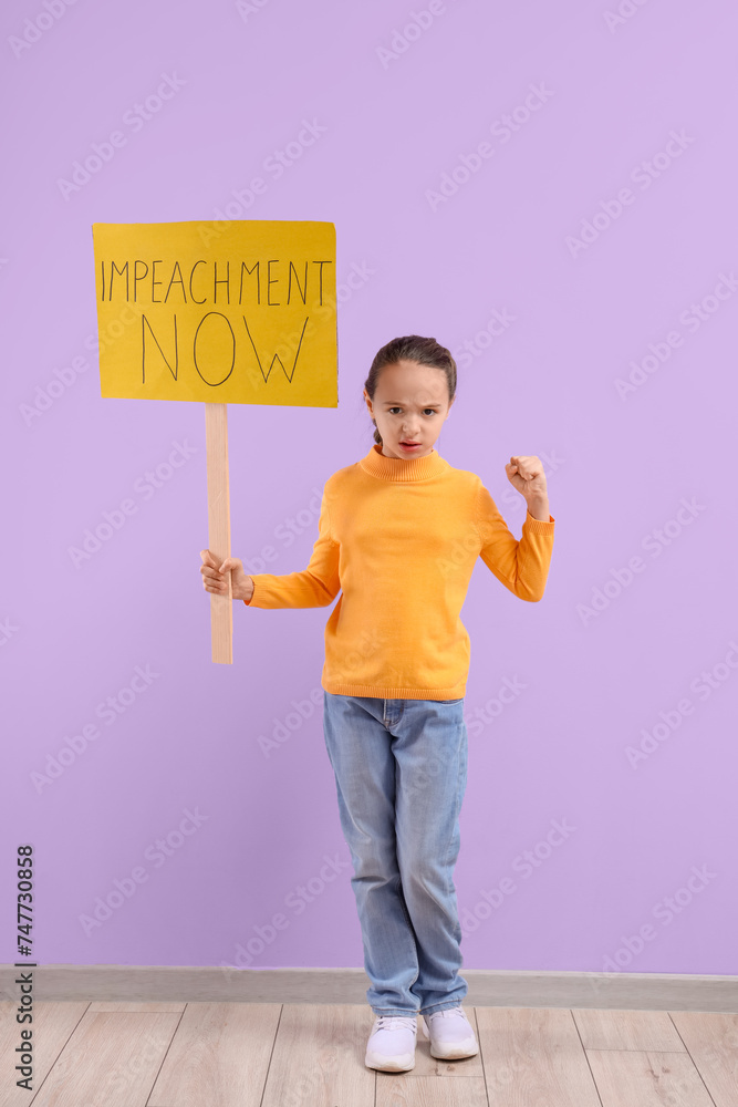 Wall mural Protesting little girl holding placard with text IMPEACHMENT NOW near lilac wall