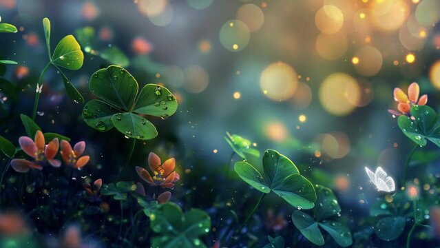 magic background with clover and raindrops. seamless looping overlay 4k virtual video animation background