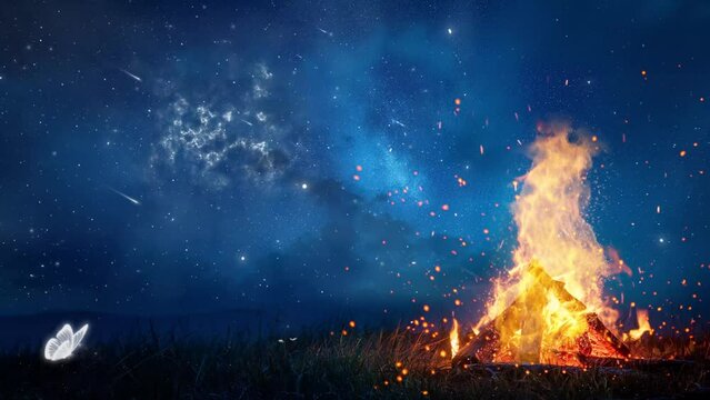 camping fire under the amazing blue starry sky. seamless looping overlay 4k virtual video animation background