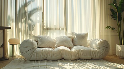 Snow-white cozy couch and sheer curtains bask in the soft light of a minimalist space