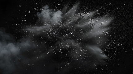 Black charcoal powder dust paint white explosion explode burst isolated splatter abstract. Powder charcoal background black smoke particles on white background.  generative ai - obrazy, fototapety, plakaty