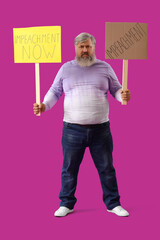 Protesting mature man holding placards on purple background. Impeachment concept