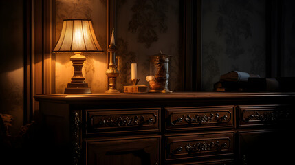 An Artfully Curated Accent Light Display Enhancing the Antique Wooden Piece in a Dimly Lit Room