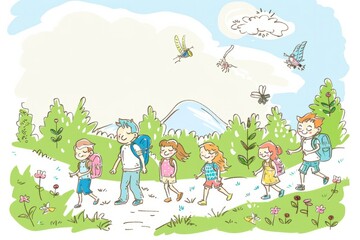 Obraz na płótnie Canvas Cartoon cute doodles of families going on a nature hike and exploring the beauty of the outdoors, Generative AI
