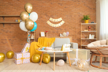 Stylish living room decorated for dog birthday party