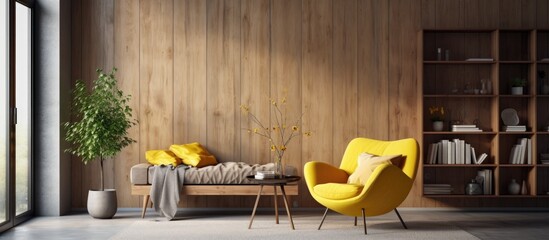 A modern living room featuring a yellow armchair and a round coffee table. The room has wooden walls and a concrete floor, with a loft window providing natural light.