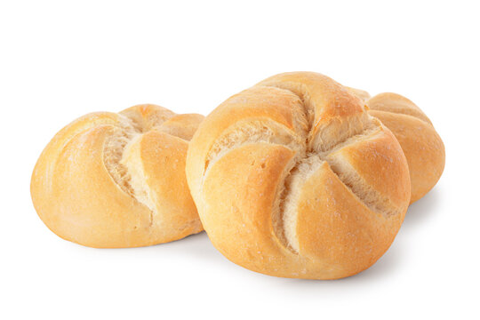 Delicious kaiser rolls on white background