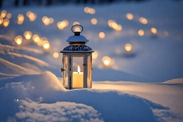 White christmas lantern with candle inside, on pure snow, in evening light