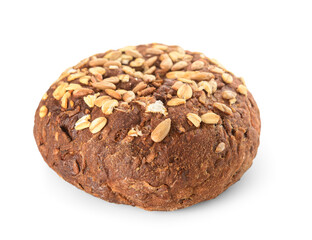 Fresh whole grain bun with seeds on white background