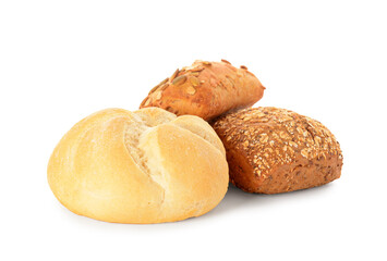 Different delicious buns on white background