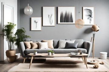 Stylish living room interior design with scandinavian settee, grey wall and natural