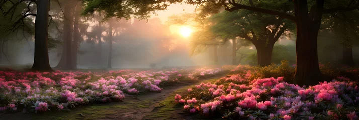 Wandcirkels tuinposter Morning Mist and Colorful Splendor: A Dreamy Vision of an Azalea Garden in Full Bloom © Franklin
