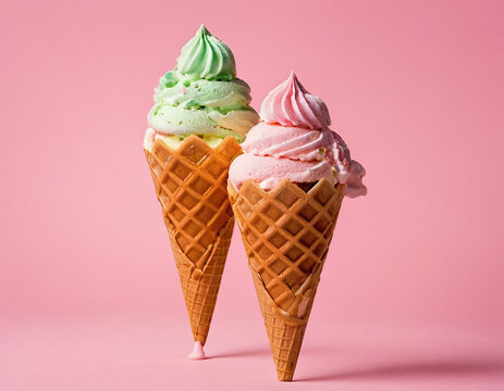 Plane pastel pink background. Wafel cone with two scoops of ice cream. Icream of mint and yellow color. 