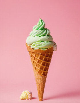 Plane pastel pink background. Wafel cone with two scoops of ice cream. Icream of mint and yellow color. 