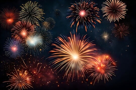 Image of colorful fireworks bursting in night sky with copyspace for website, banner, business card, invitation card, postcard, poster