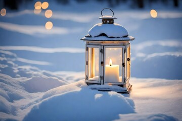 White christmas lantern with candle inside, on pure snow, in evening light - obrazy, fototapety, plakaty