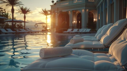 Obraz na płótnie Canvas Pristine poolside setting at twilight with sleek white loungers and soft glowing lights