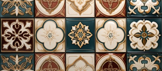 This close up shows a variety of intricate designs on a tiled wall, each tile featuring a unique pattern. The high resolution allows for a detailed view of the diverse designs displayed.