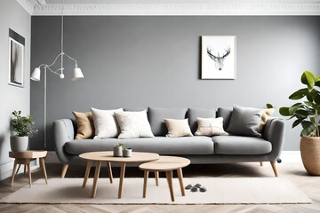 Stylish living room interior design with scandinavian settee, grey wall and natural