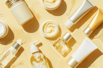 Facial hair mask skin care cream. Skincare treatment products: care lotion, skincare product gel, oil, pipette with light serum and body scrub jar pot