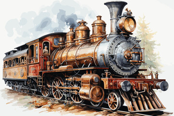 vintage steam locomotive isolated on white background watercolor hand drawn illustration - obrazy, fototapety, plakaty