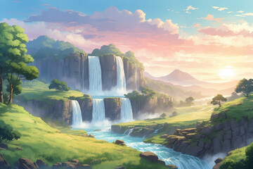 Waterfall in the Countryside during a foggy morning sunrise. Without people. In anime Style